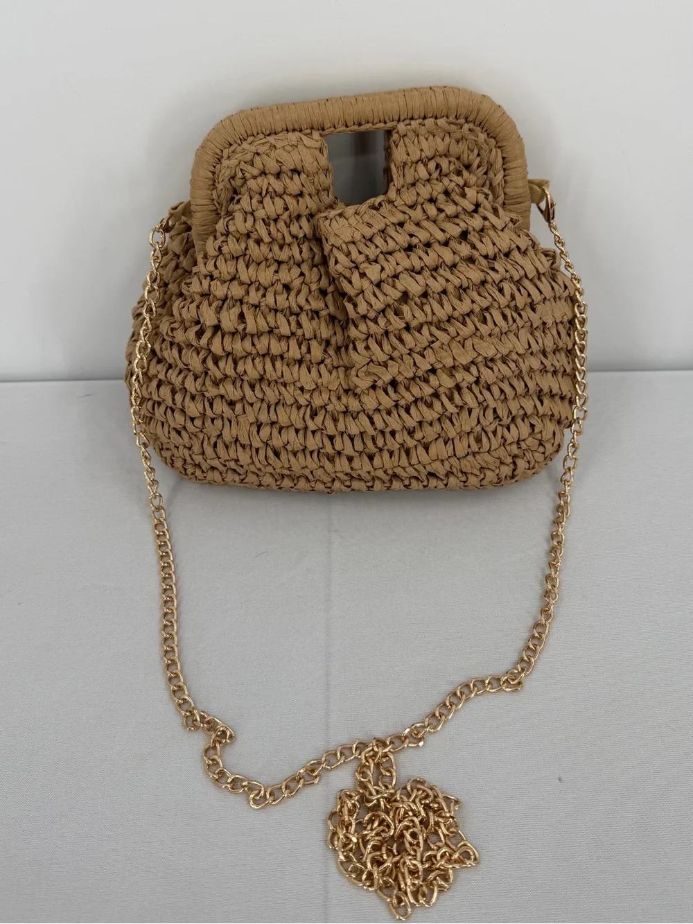 Tan Woven Raffia Crochet Top Handle Crossbody Bag beach vacation resort coastal
